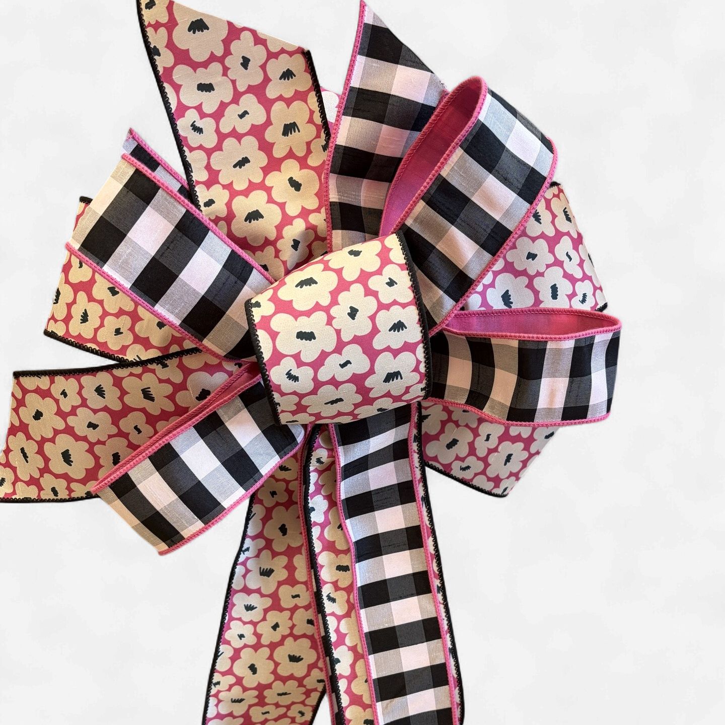 Pink Floral &amp; Black Check Designer Bow – Approx. 25” Long x 17” Wide