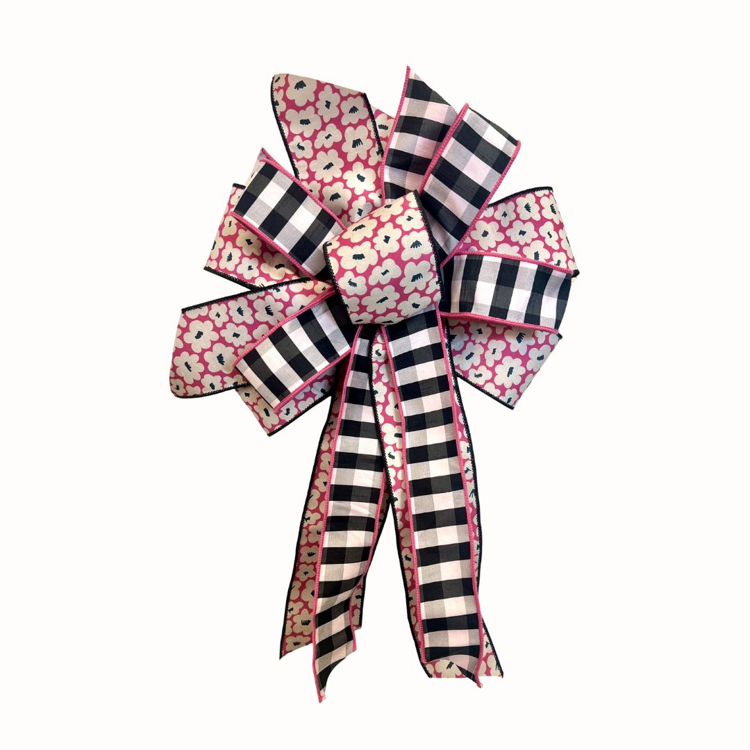 Pink Floral &amp; Black Check Bow – Approx. 25” Long x 17” Wide