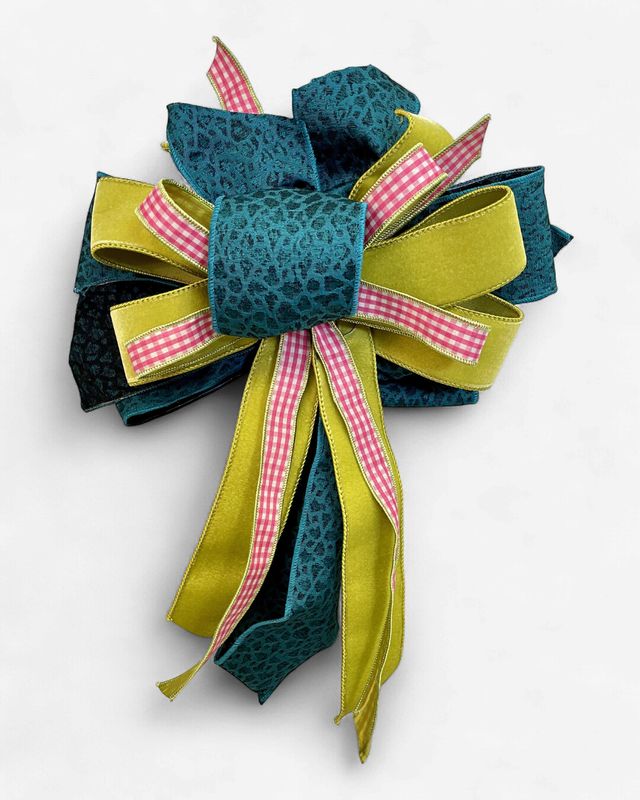 Teal Leopard, Lime &amp; Pink Check Designer Bow – Approx. 20” Long x 15” Wide