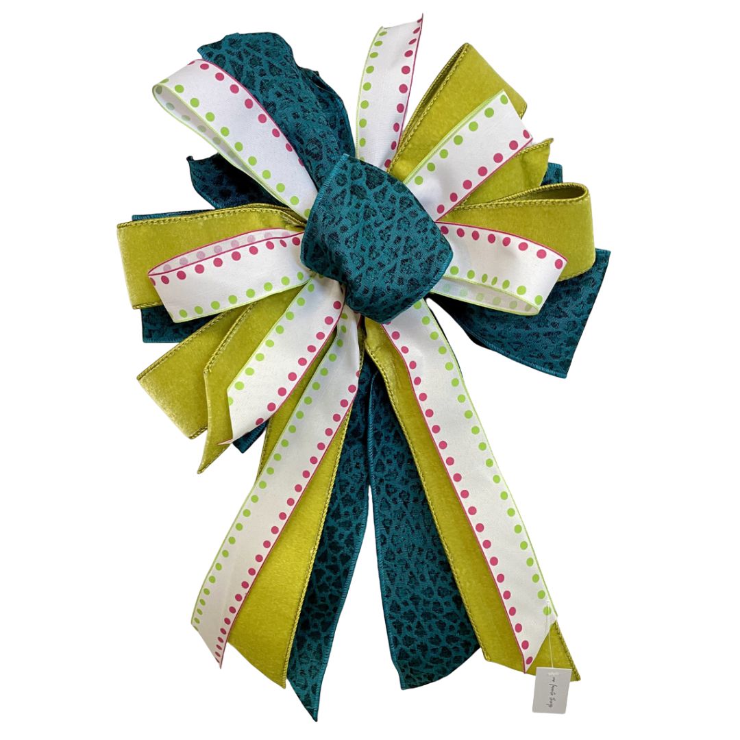 Teal Leopard, Lime &amp; Pink Dot Bow – Approx. 20” Long x 15” Wide