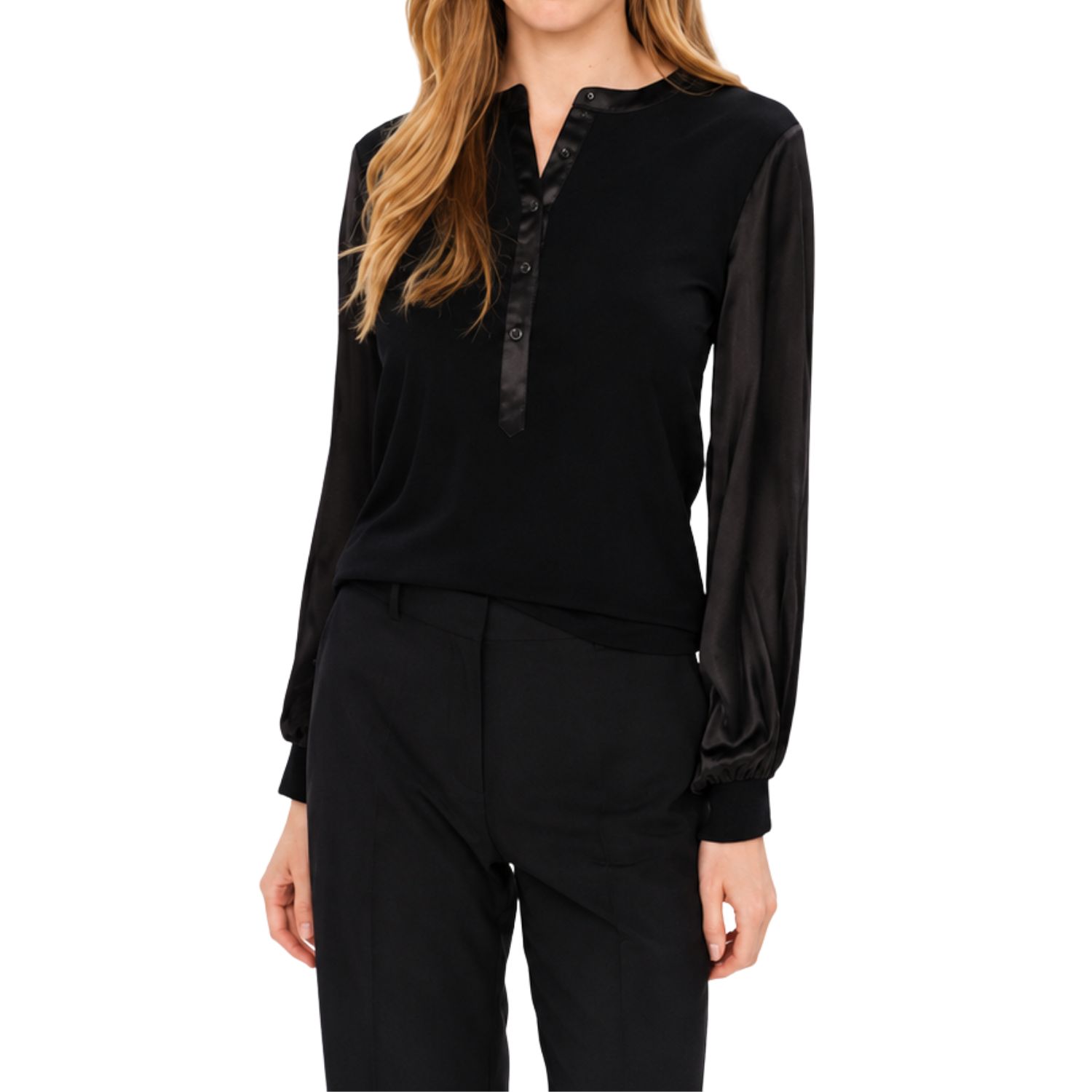 Black Ribbed Satin Sleeve Top - Black