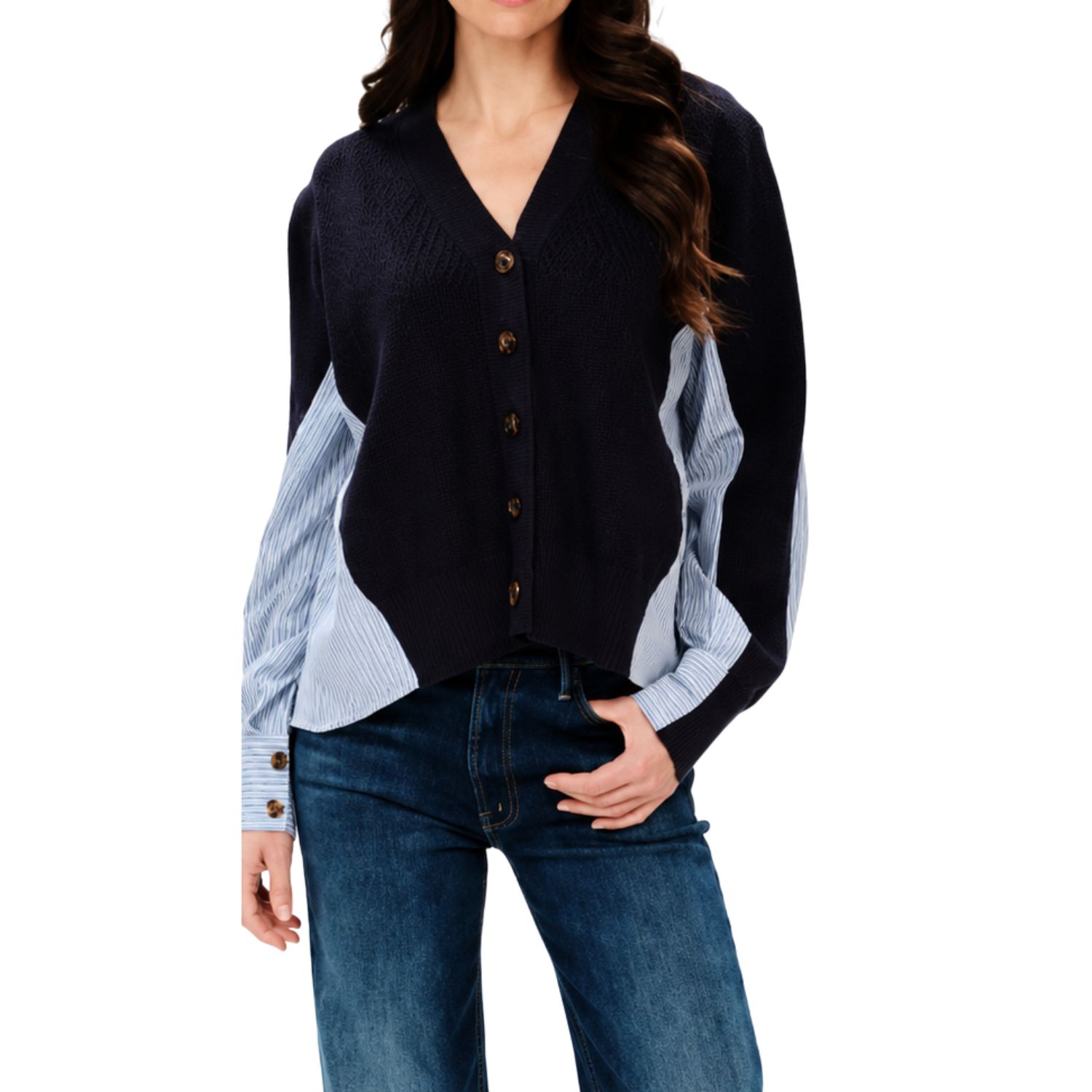 Mixed Media Poplin Striped Sweater - Navy