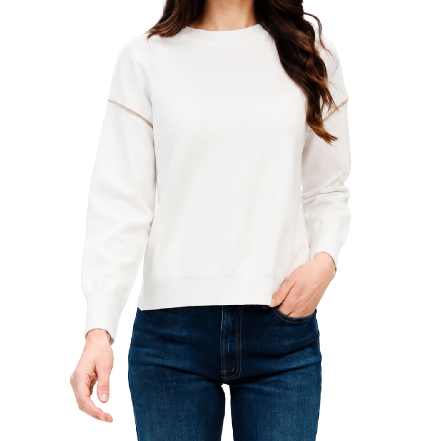 Crew Neck Exposed Seam Sweater - Ivory &amp; Camel
