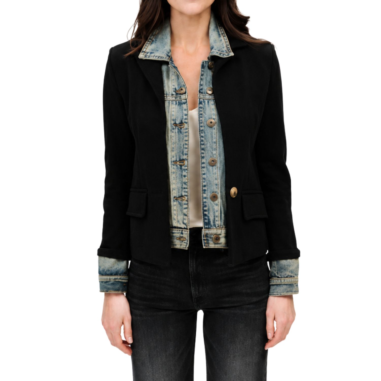 Mixed Media Denim Jacket - Black