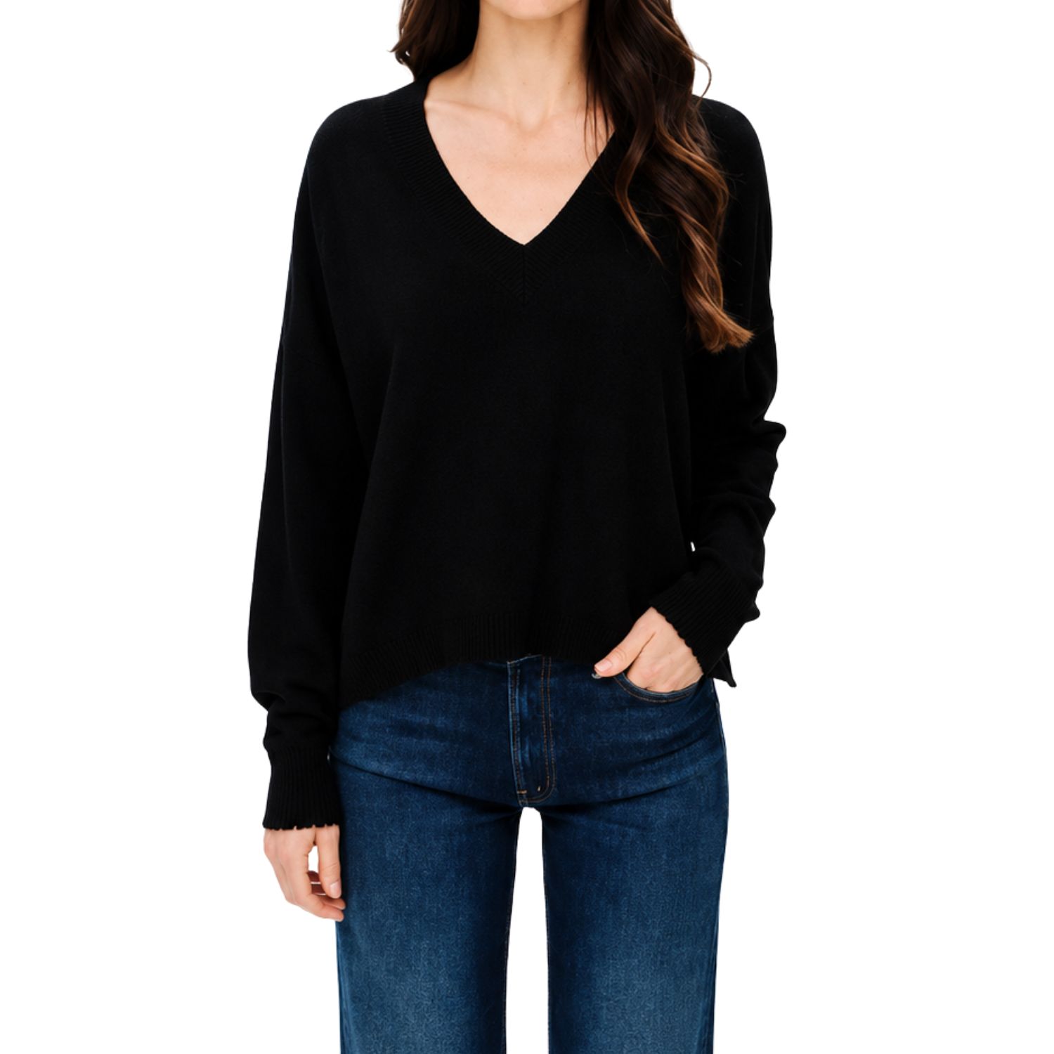 V-Neck Frayed Trim Sweater - Black