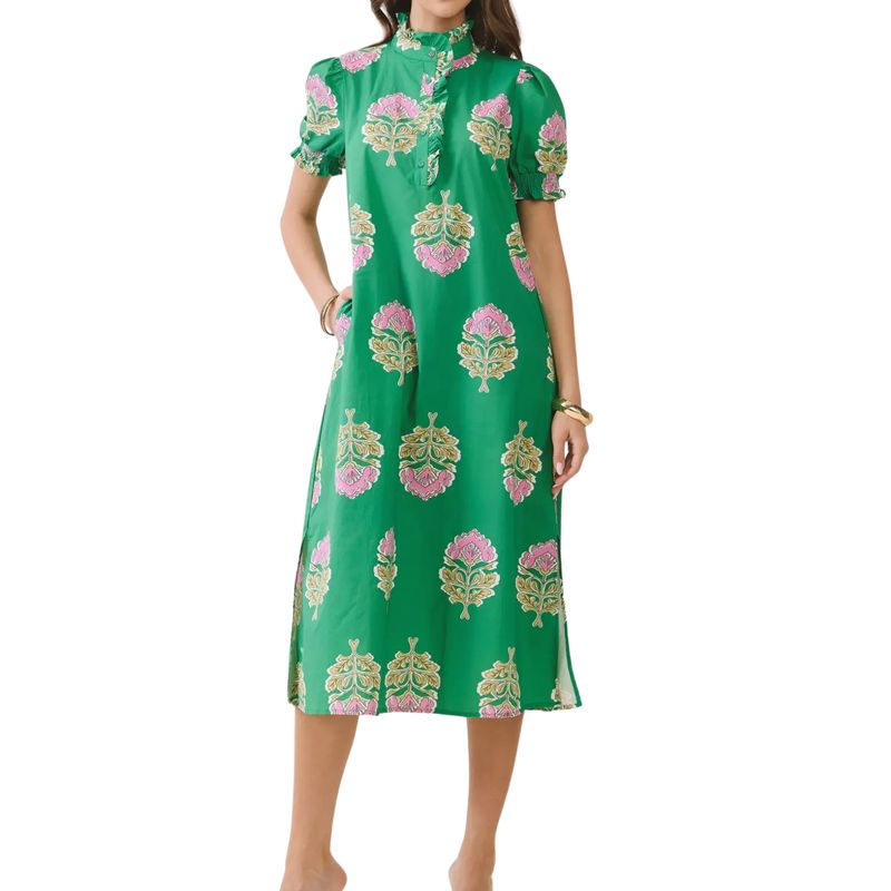 Green Floral Print Ruffle Collar Midi Dress