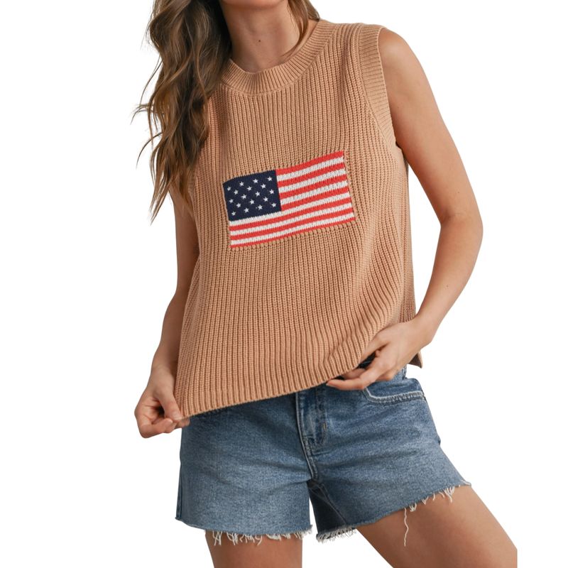 Flag Print Knitted Sleeveless Sweater Top