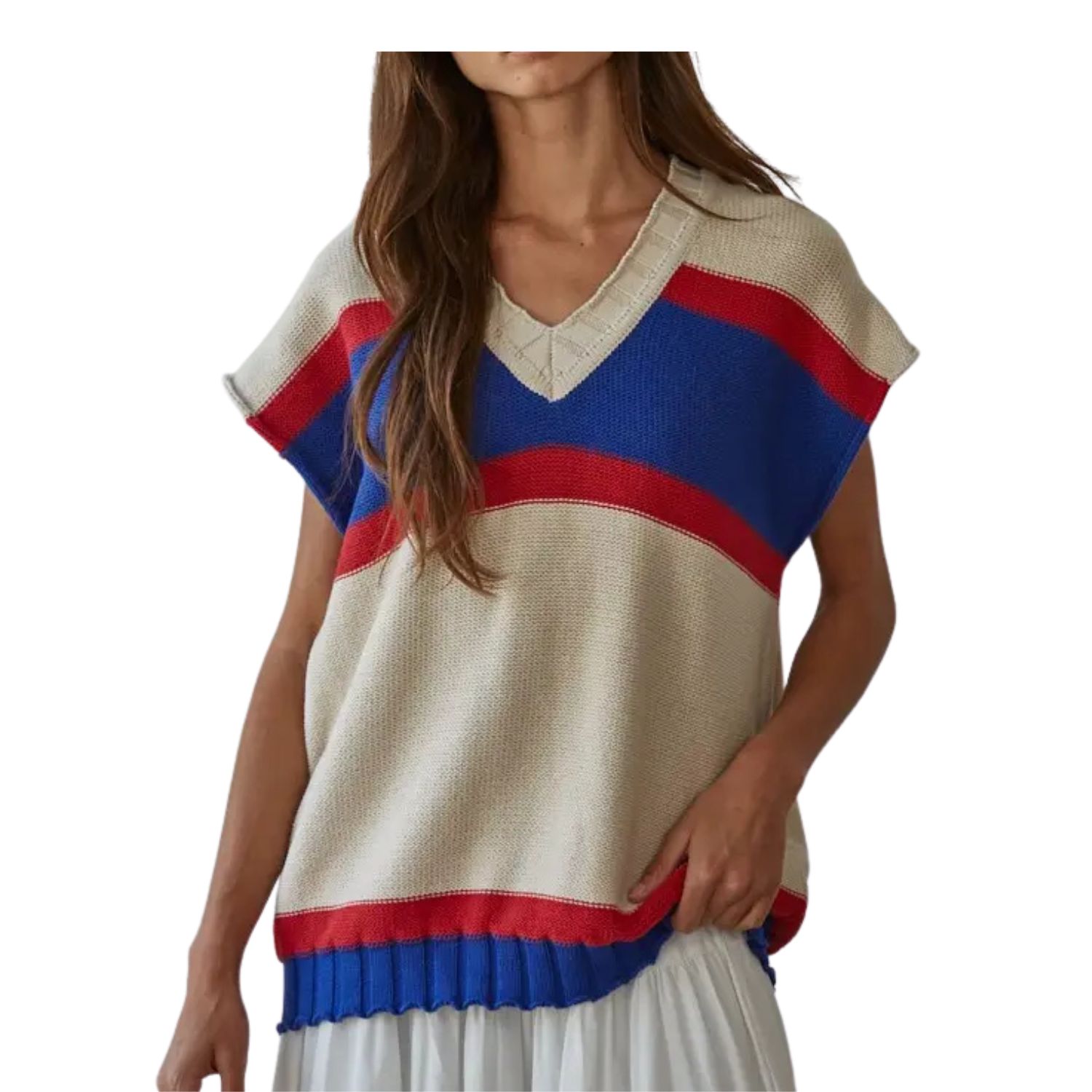 Striped Knit Cotton V-Neck Sweater Vest
