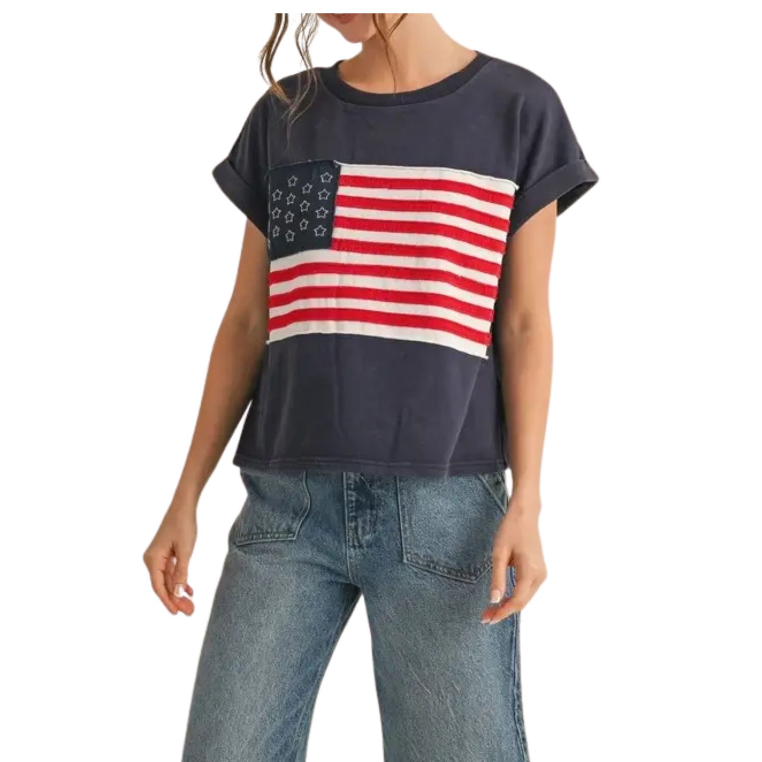 American Flag Roll Sleeve Knit Top