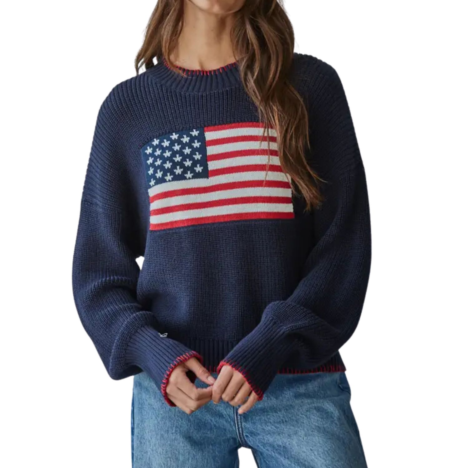 Knit Sweater Crew American Flag Pullover
