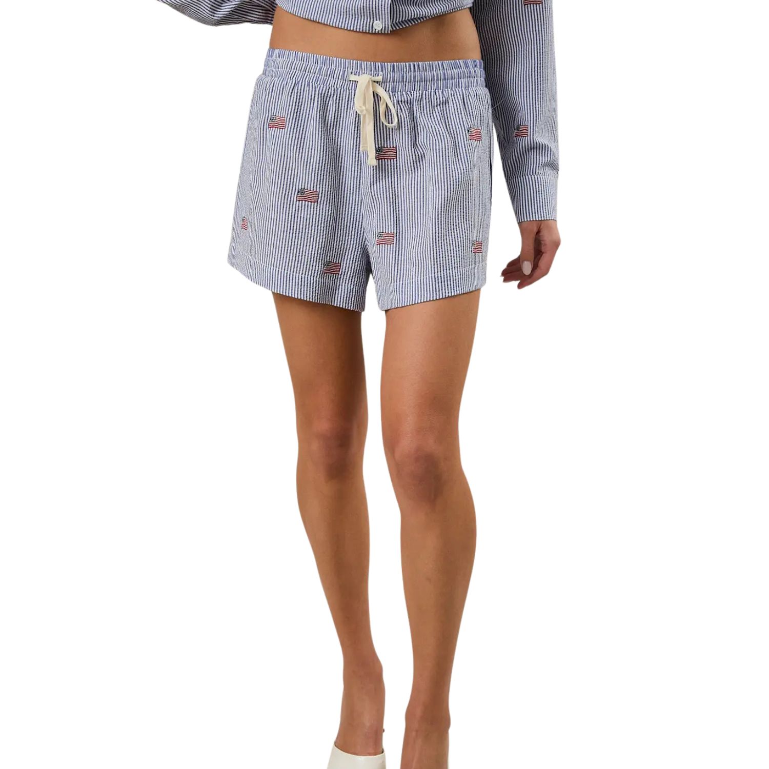 Striped Flag Embroidered Drawstring Shorts