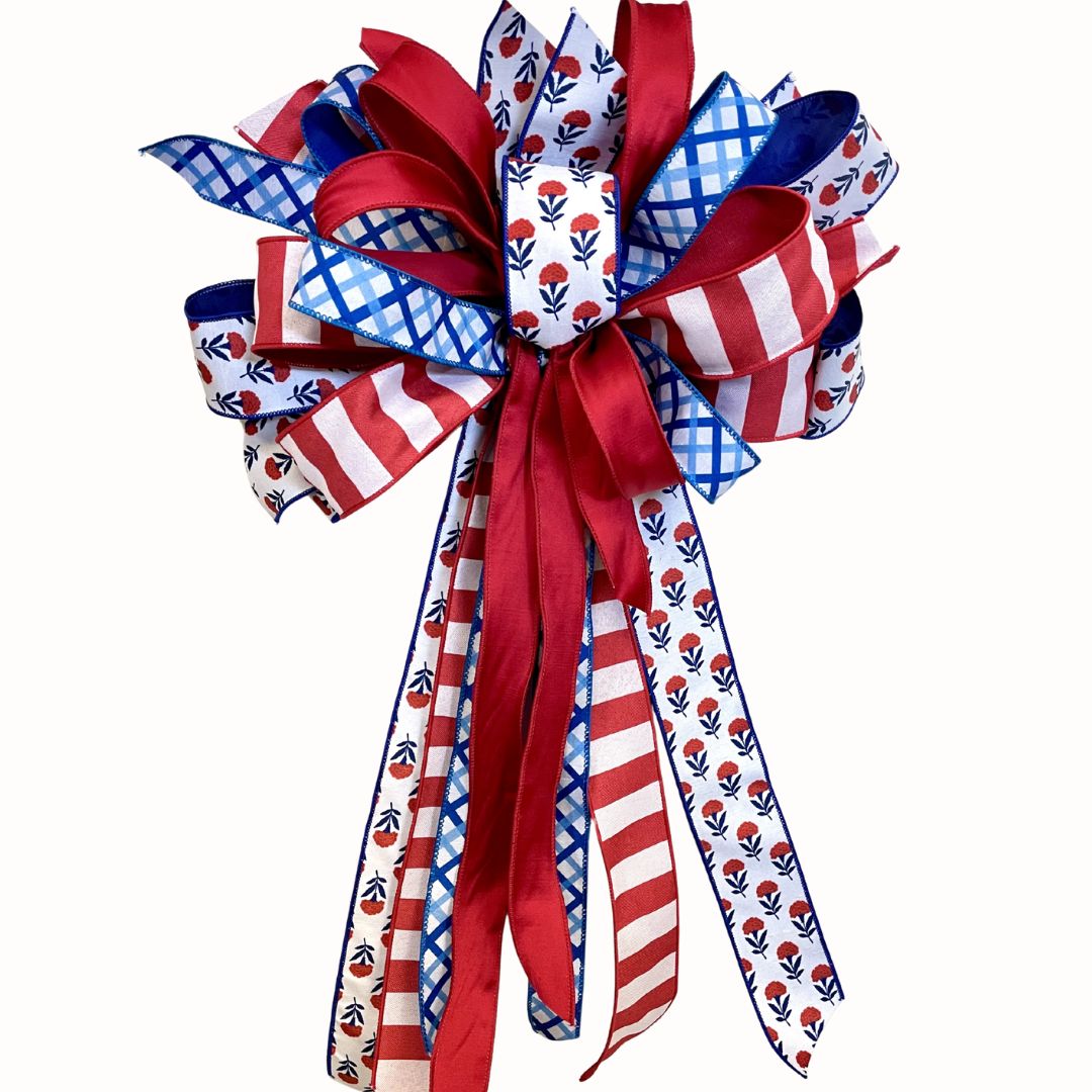Red Rose, Striped &amp; Blue Plaid Patriotic Designer Bow – Approx. 28” Long x 17.5” Wide