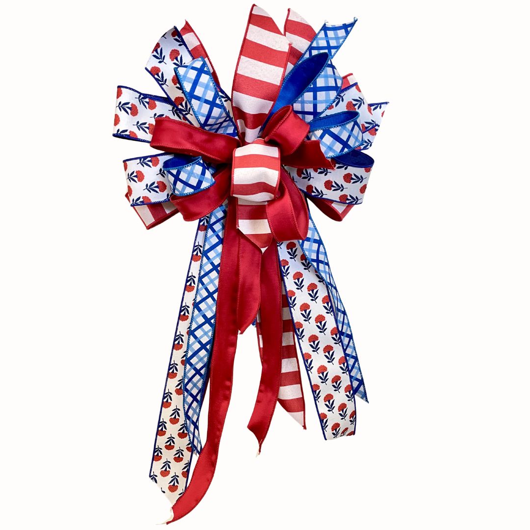 Patriotic Red Rose, Stripe &amp; Blue Plaid Statement Bow – Approx. 28” Long x 17.5” Wide
