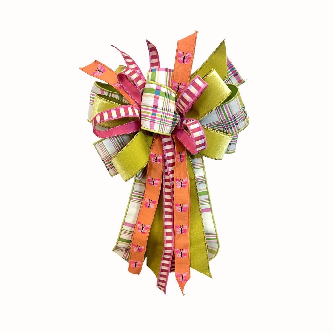 Green with Plaid and Butterflies Bow