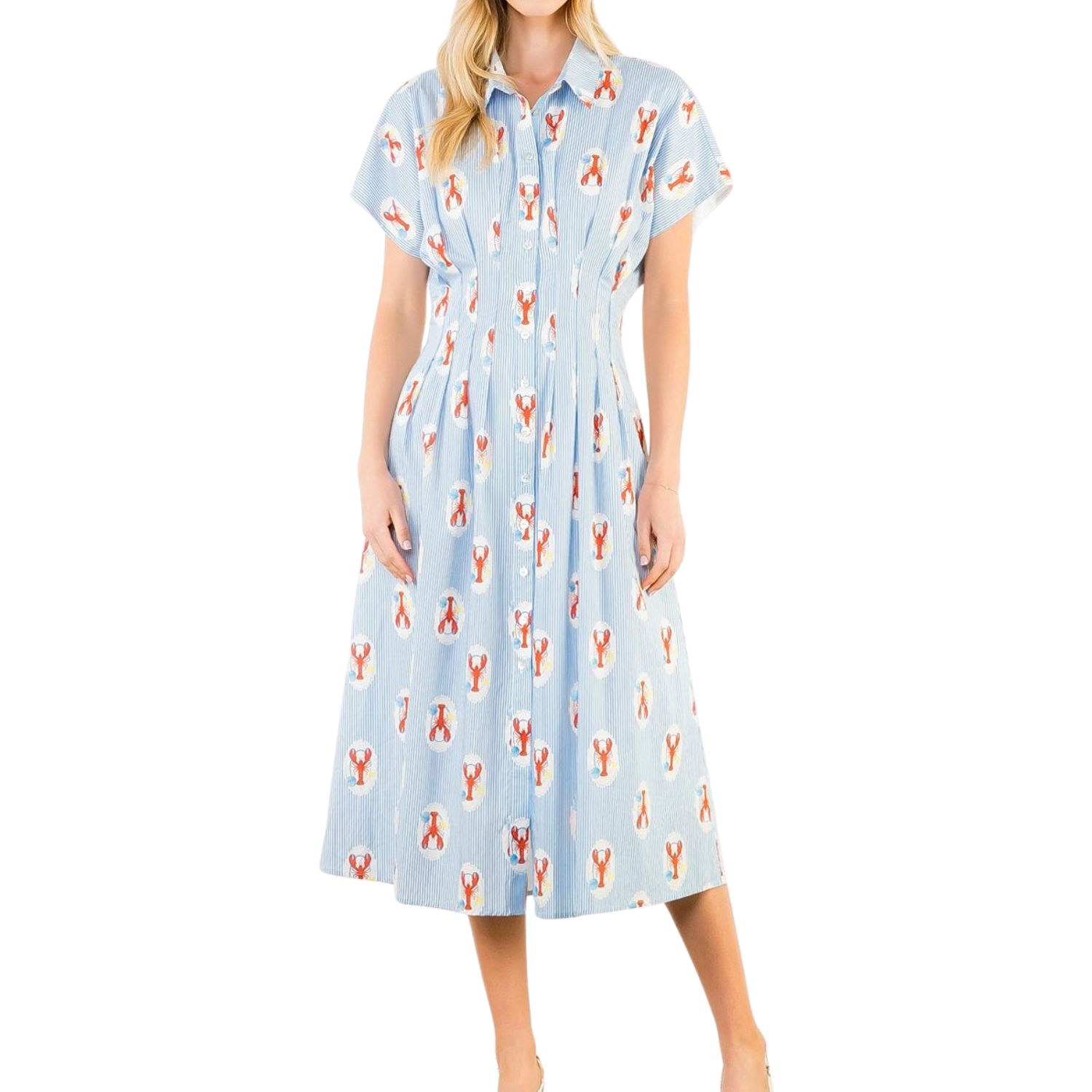Coastal Lobster Stripe Midi Shirt Dress