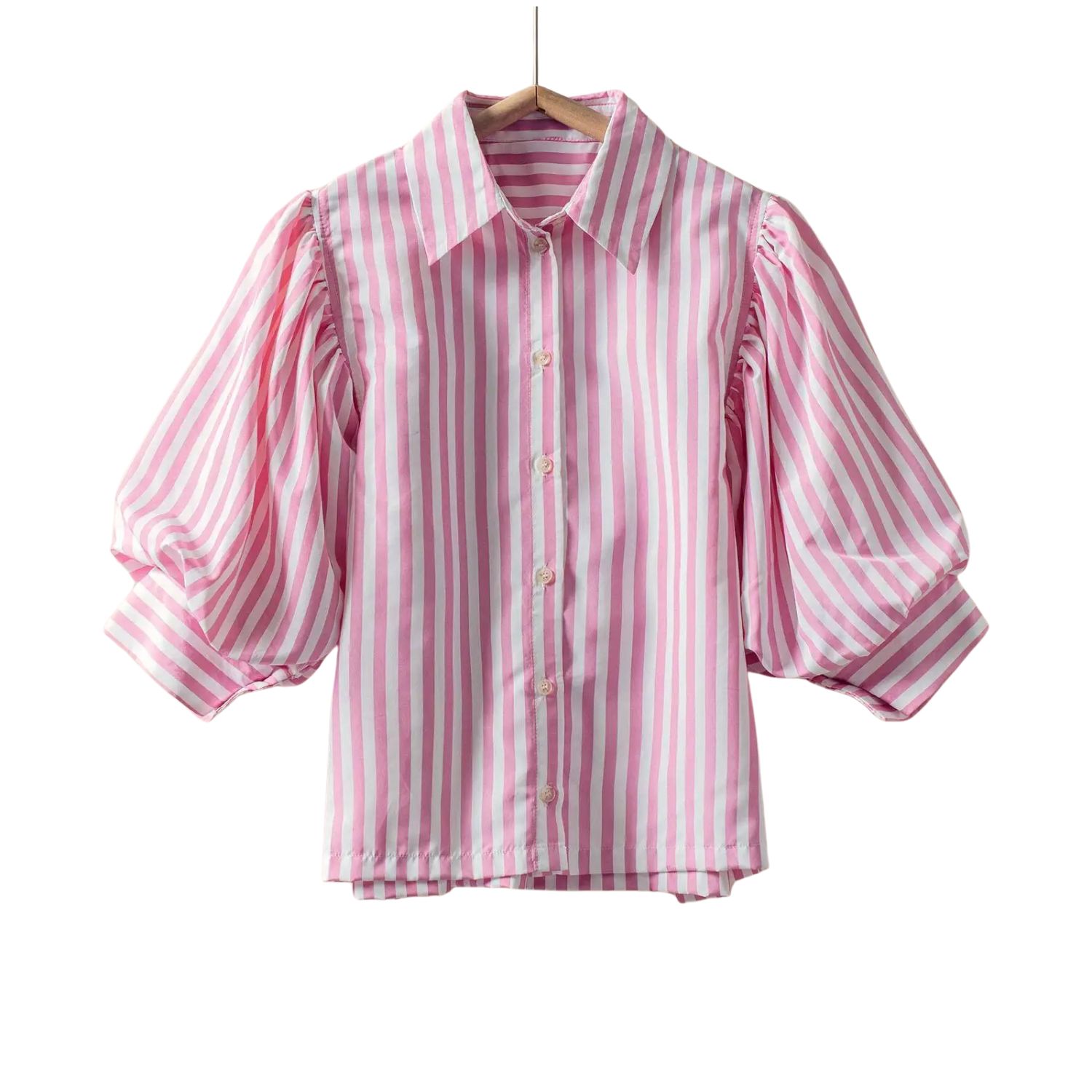 Pink Stripe Puff Sleeve Button Front Blouse