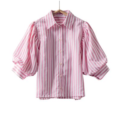 Pink Stripe Puff Sleeve Button Front Blouse