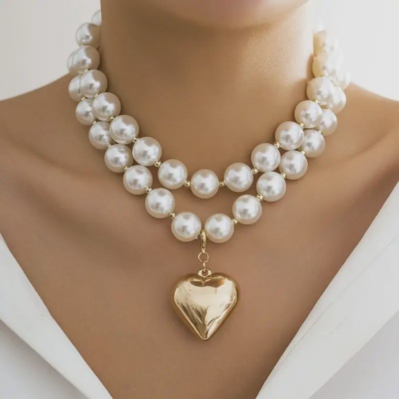 Double Strand Pearl Heart Statement Necklace