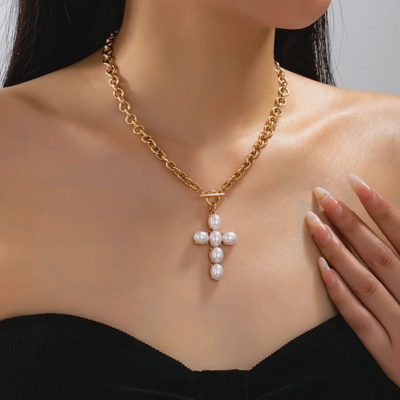 Pearl Cross Toggle Chain Necklace