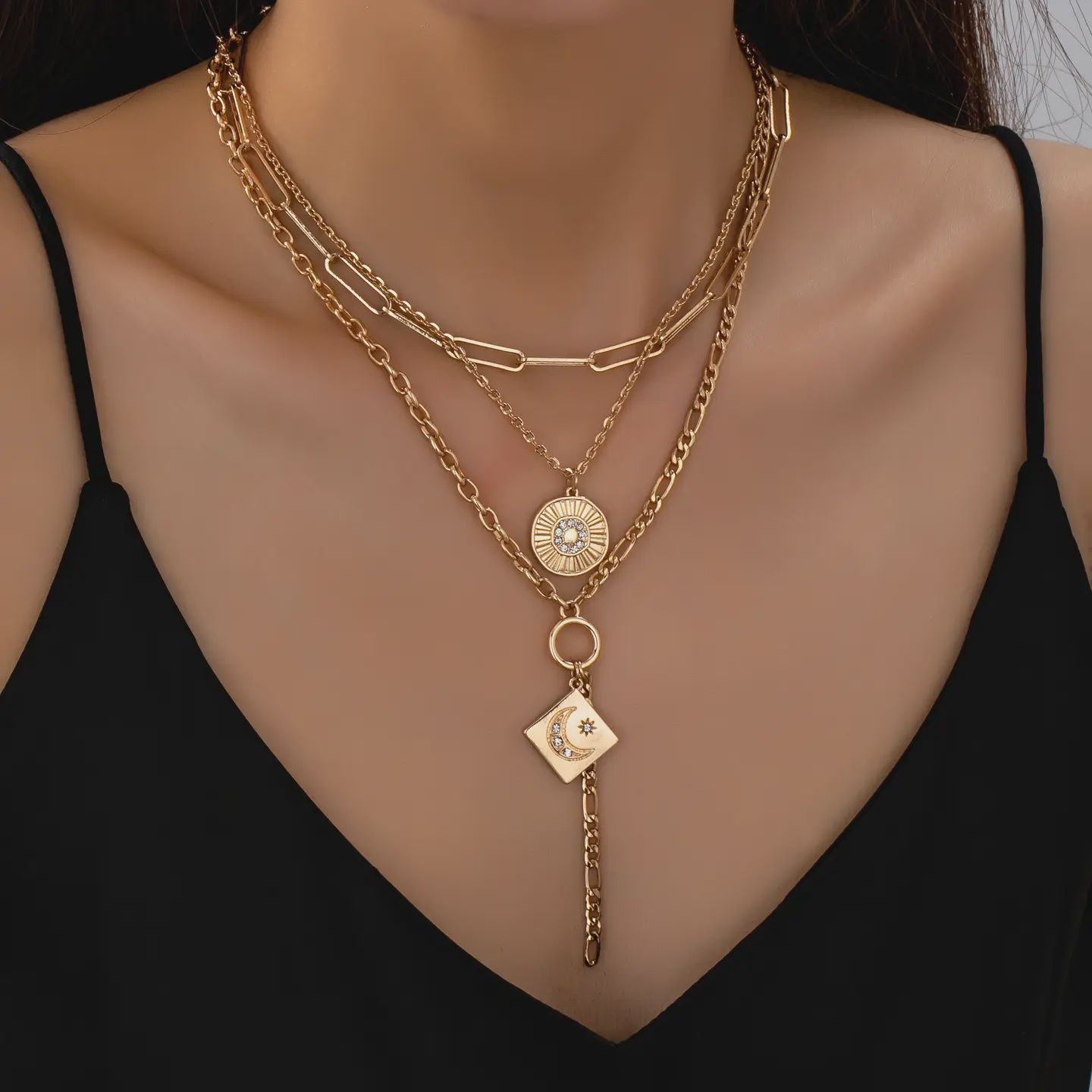 Multi Layer Celestial Moon Charm Necklace