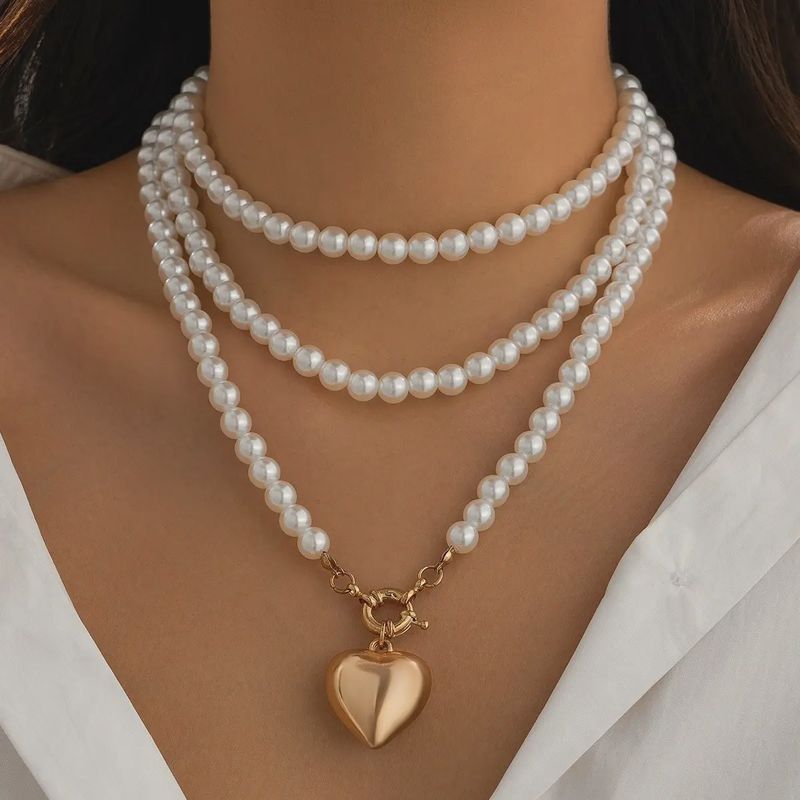 Multi Wrap Pearl Beaded Heart Charm Necklace