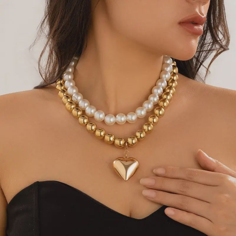Layered Pearl &amp; Gold Heart Statement Necklace