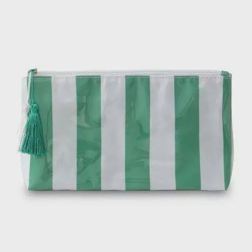 Green &amp; White Striped Tassel Cosmetic Pouch