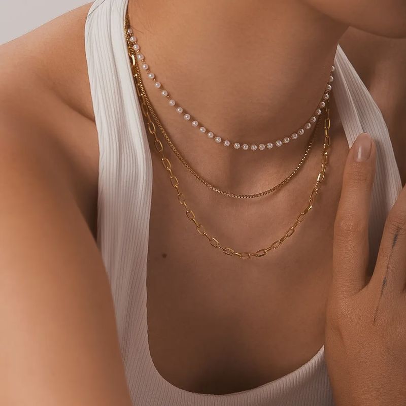 18K Gold Non-Tarnish Stacked Pearl Chain Necklace