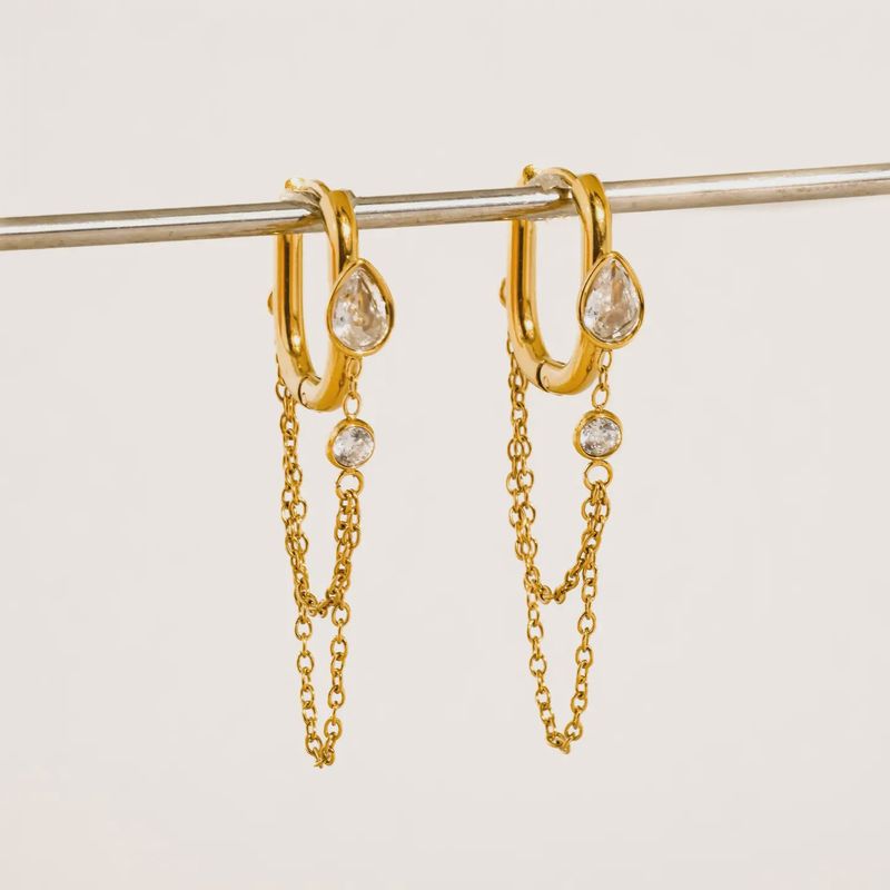Elara 18K Gold Non-Tarnish CZ Chain Drop Huggie Earrings