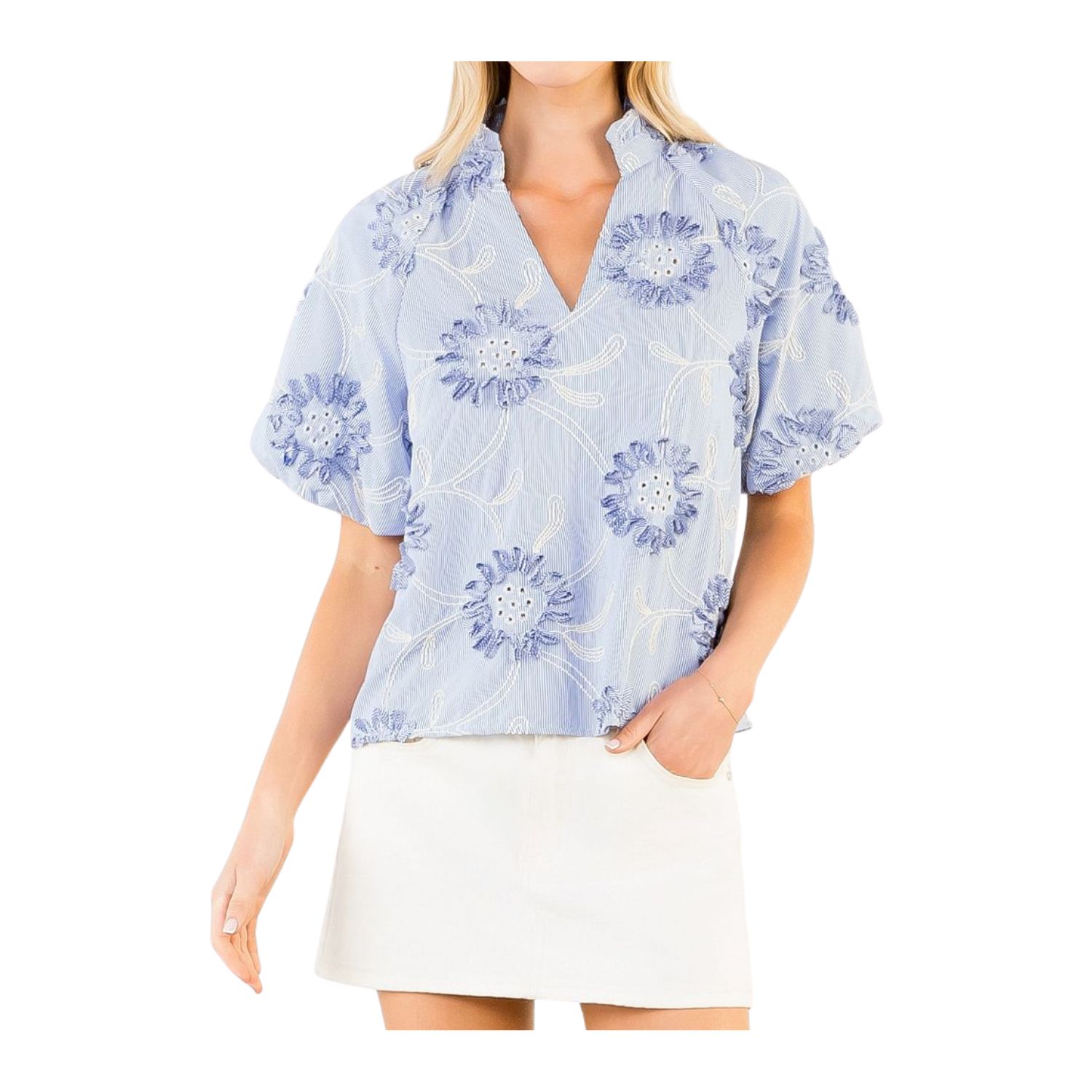 Blue Embroidered Floral Blouse