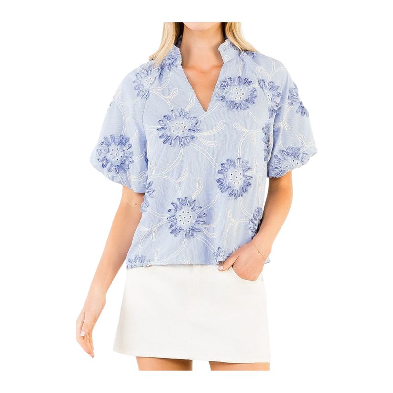Blue Embroidered Floral Blouse