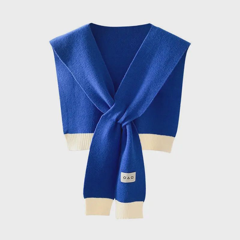 Cozy Colorblock Knit Shawl - Royal Blue &amp; Cream