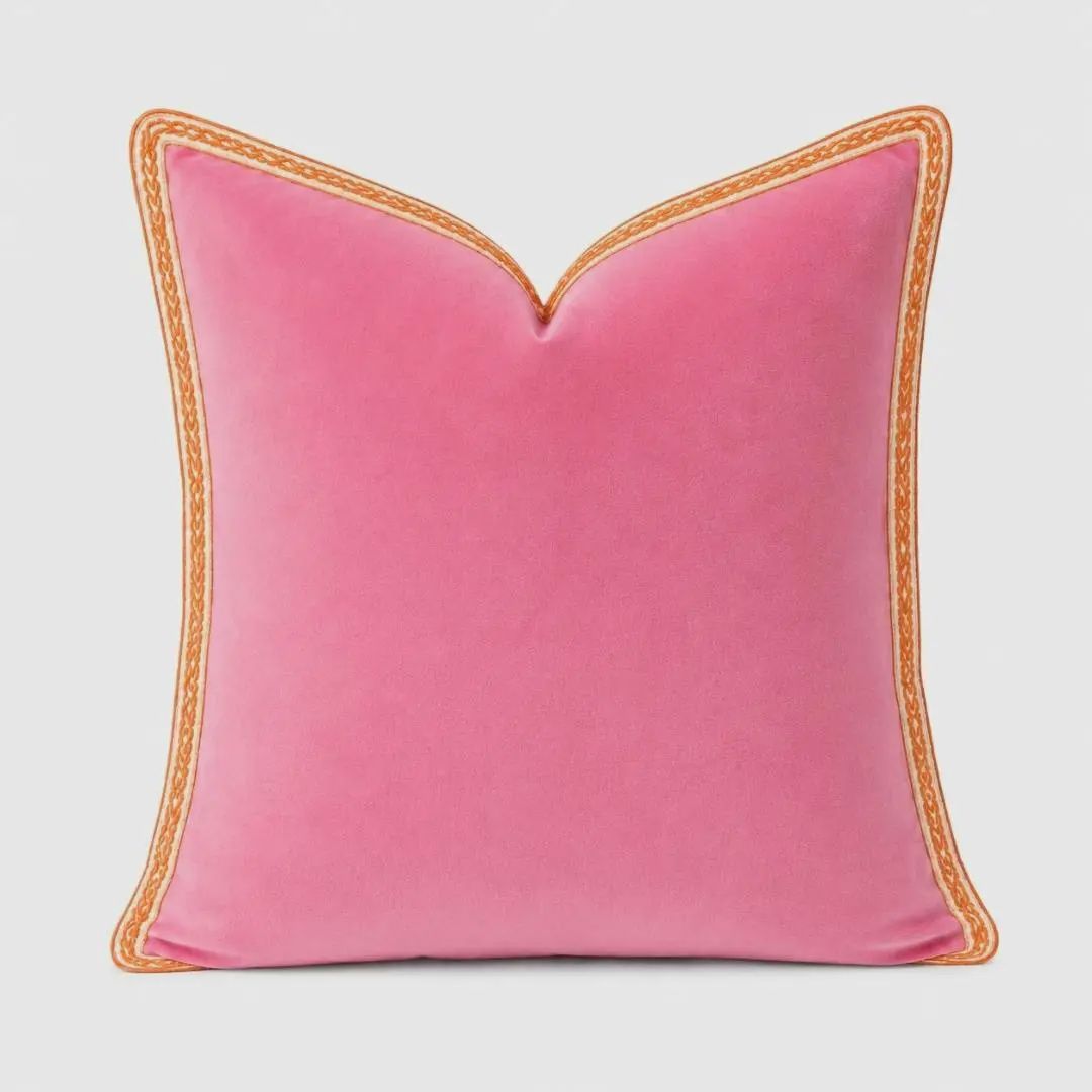 Hot Pink Velvet Pillow with Orange Embroidery