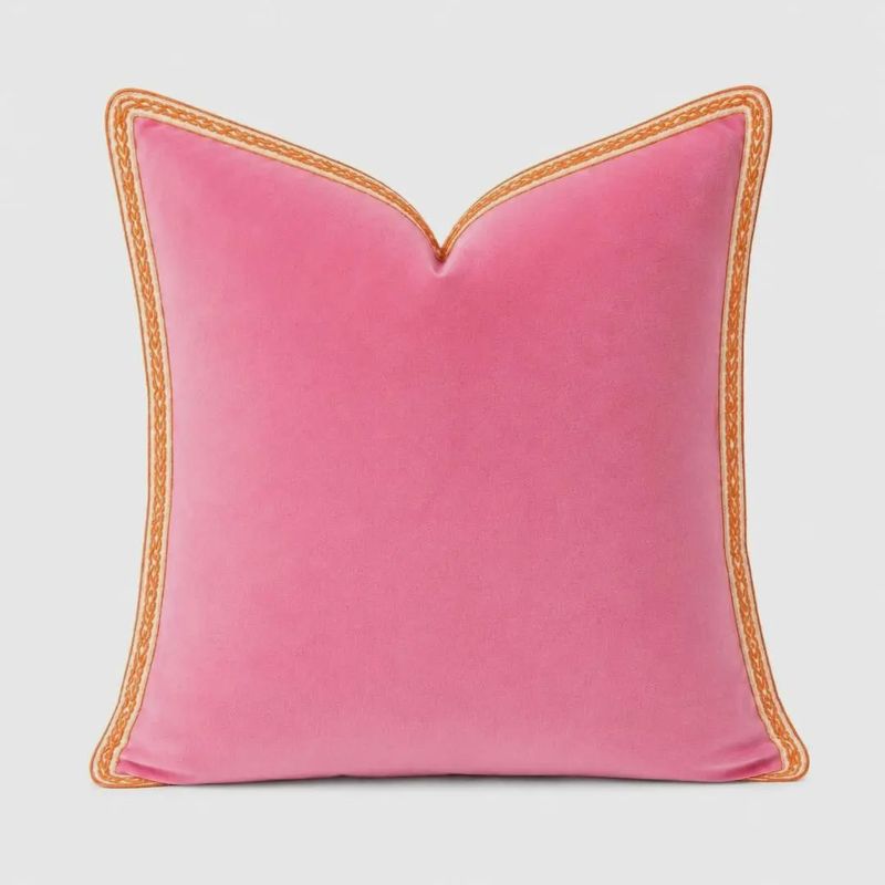 Hot Pink Velvet Pillow with Orange Embroidery