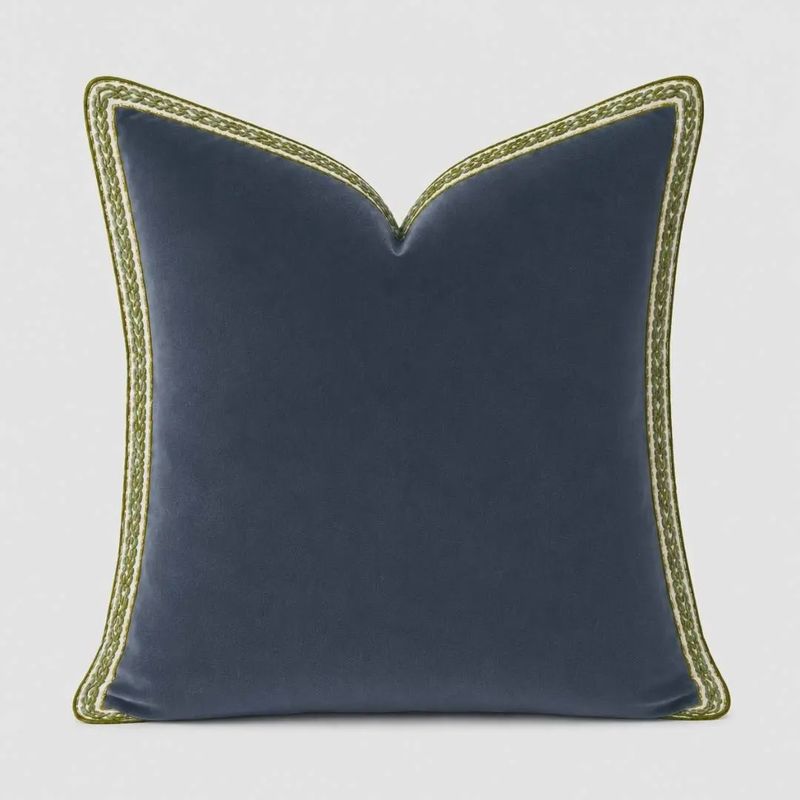 Navy Velvet Pillow with Green Embroidery