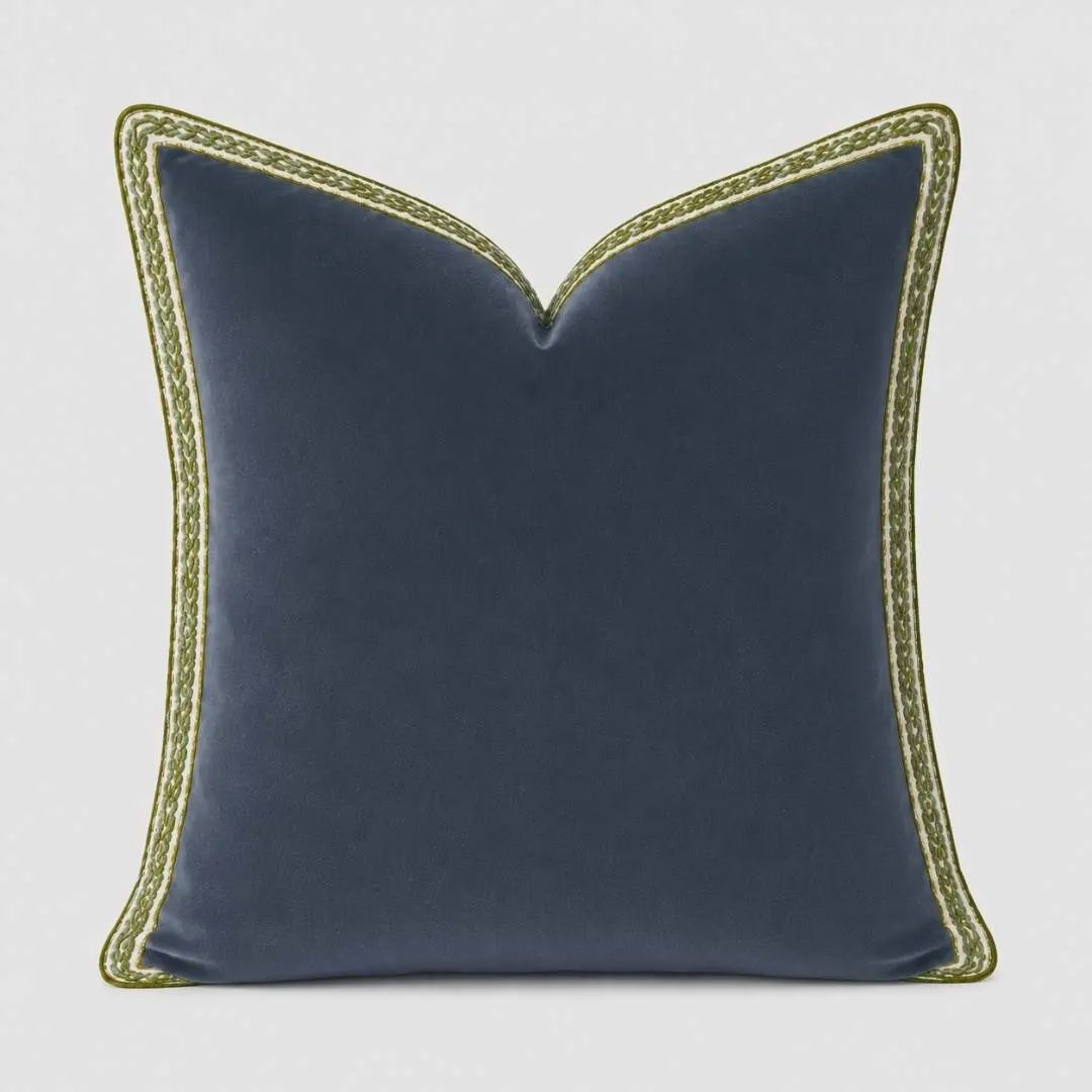 Navy Velvet Pillow with Green Embroidery