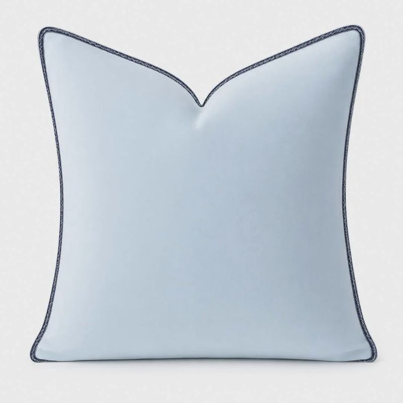 Light Blue Velvet Pillow with Navy Embroidery