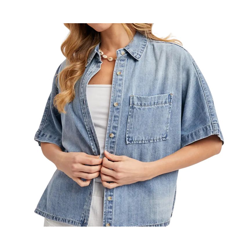 Denim Button Down Short Sleeve Boxy Shirt