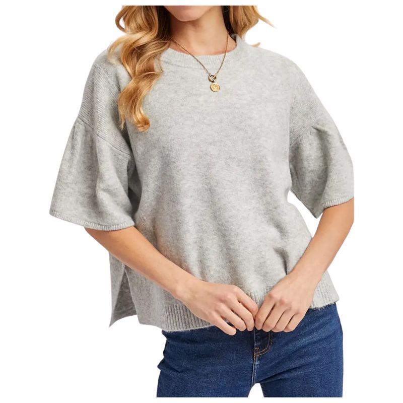 Gathered Short Sleeve Boxy Knit Sweater Top - Grey