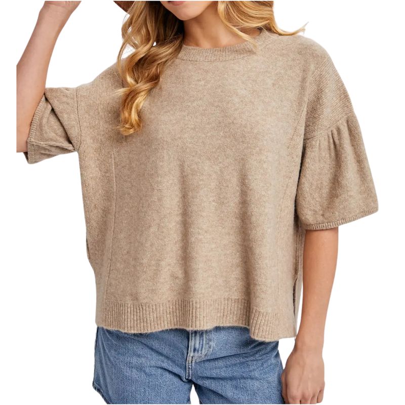 Gathered Short Sleeve Boxy Knit Sweater Top - Latte