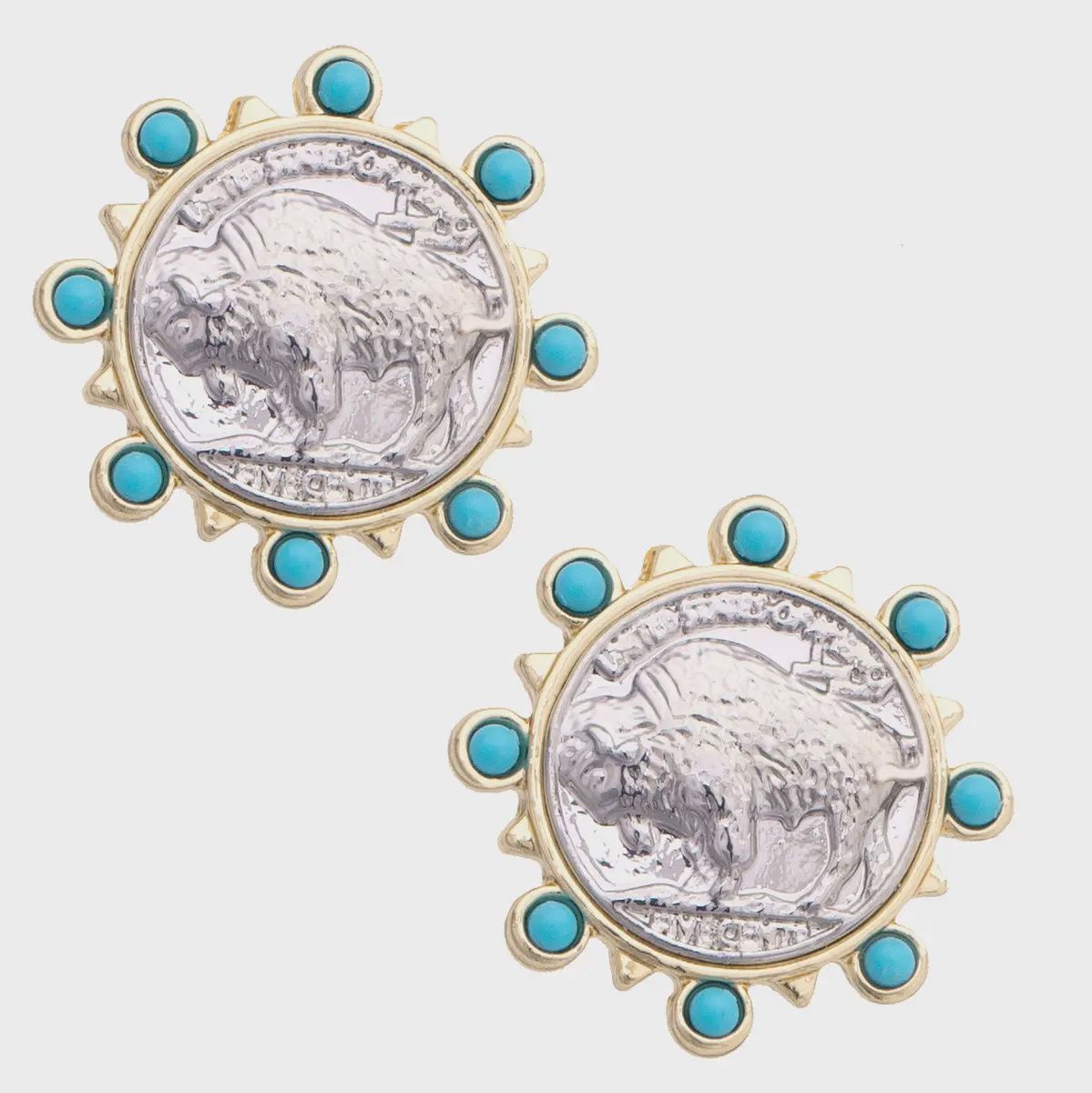 Buffalo Coin Stud Earrings in Silver &amp; Turquoise