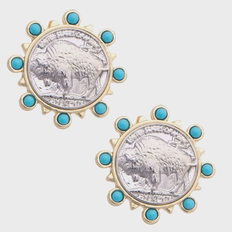 Buffalo Coin Stud Earrings in Silver &amp; Turquoise