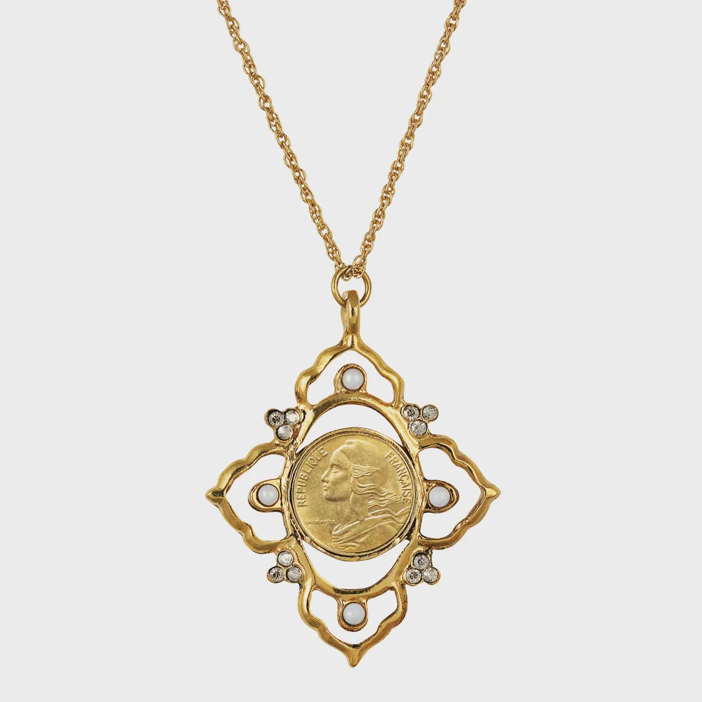 French Marianne 5 Centimes Coin Goldtone Pendant