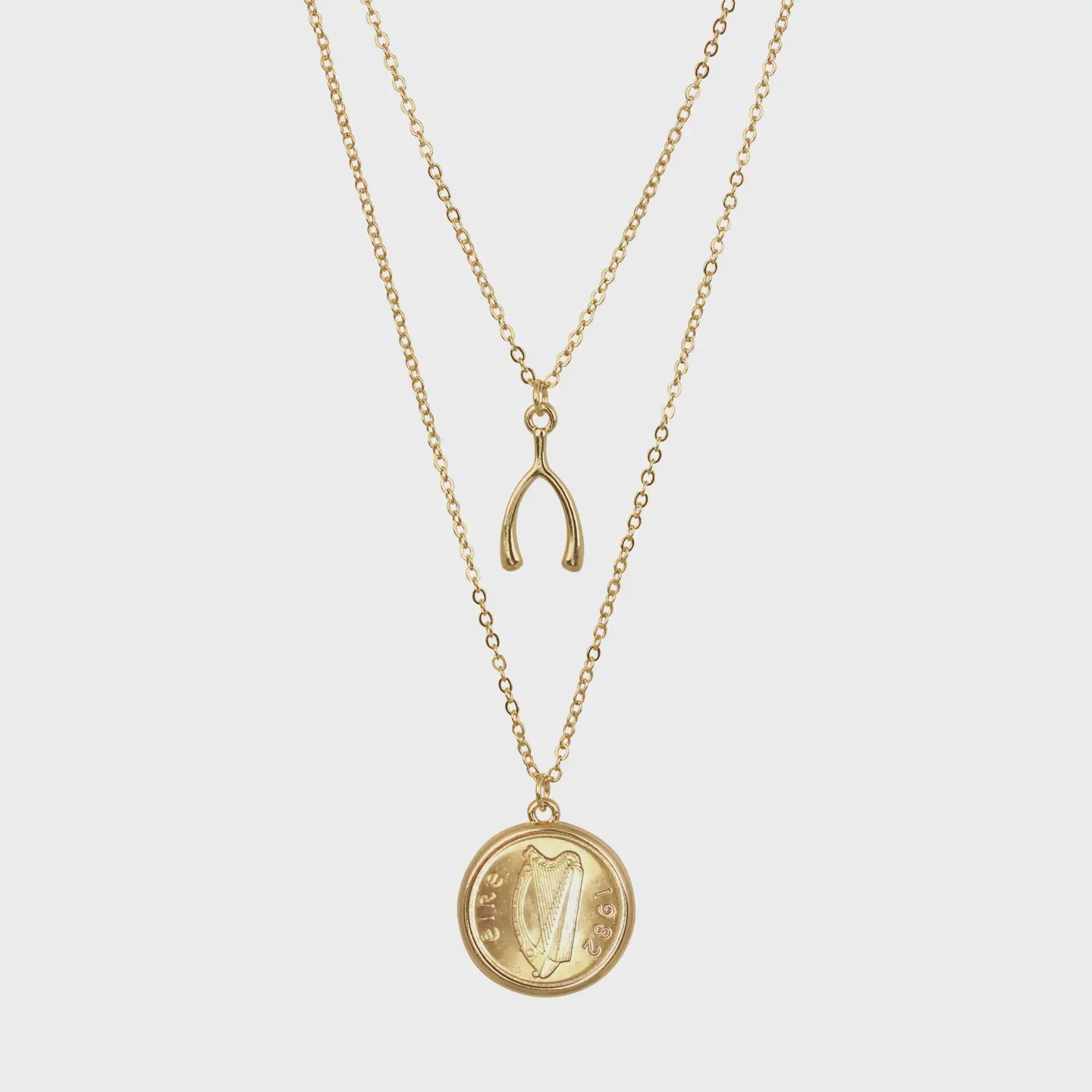 Gold Layered Irish Half Penny Coin Harp Wishbone Necklace
