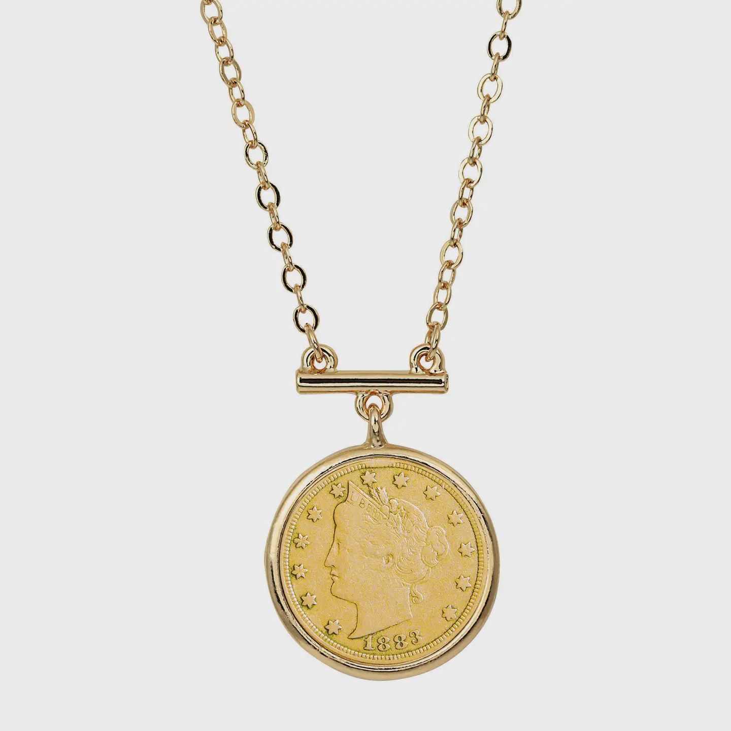Gold Layered Liberty Nickel Coin Goldtone Bar Necklace