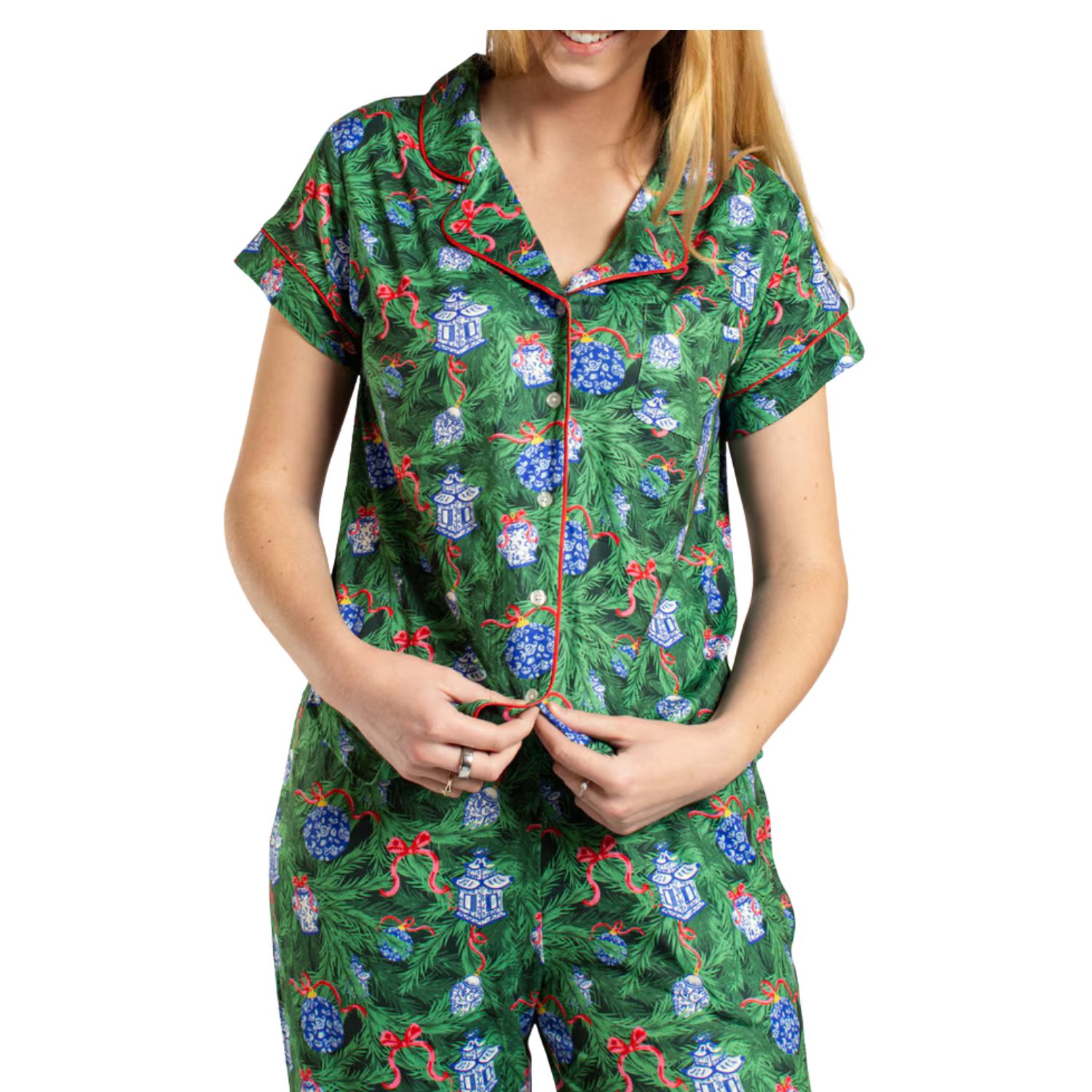 Spruce It Up Short Sleeve Button Up Sleep Shirt &amp; Pants