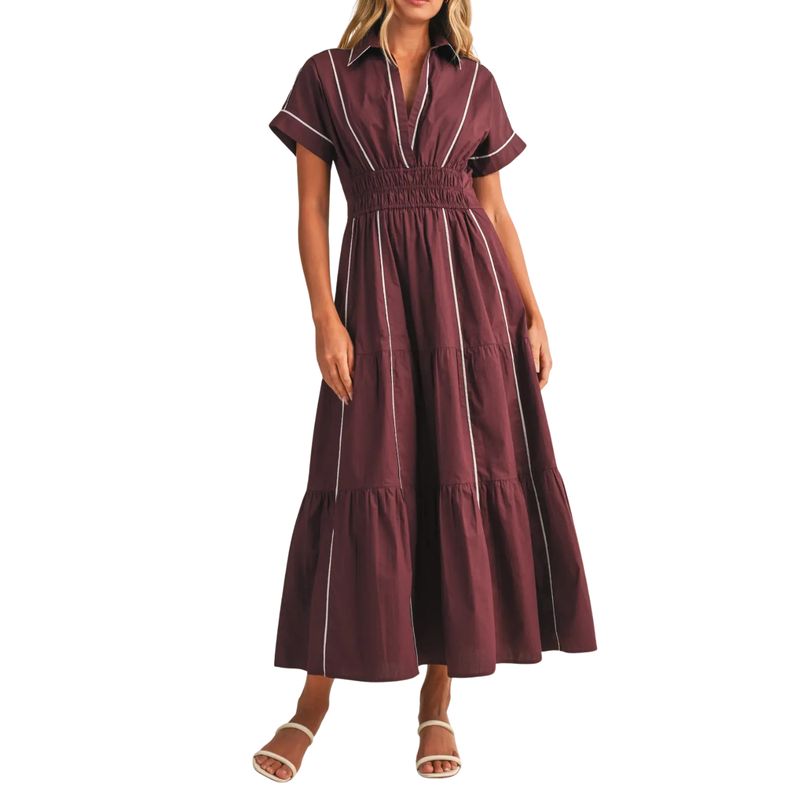 Smocked Waist Contrast Piping Detail A-Line Maxi Dress - Burgundy