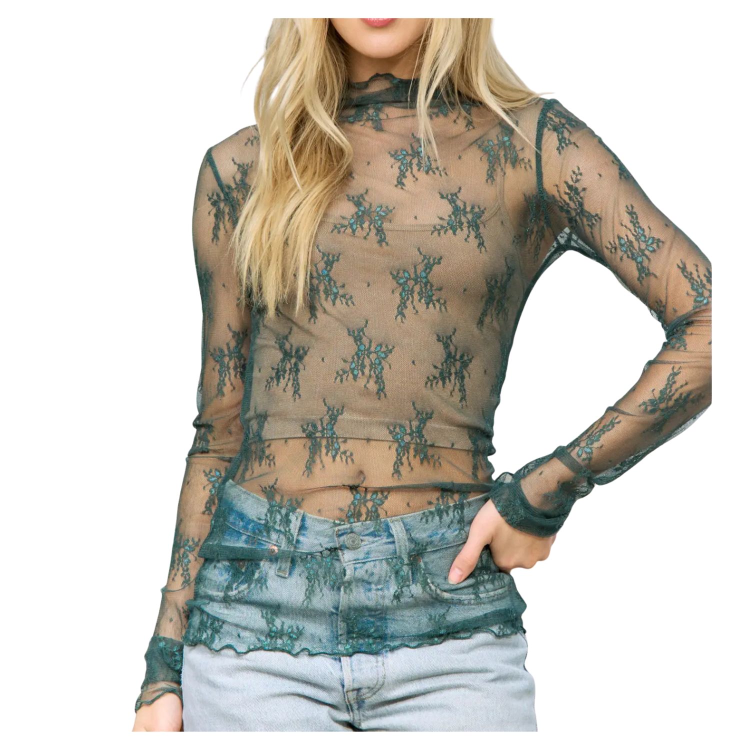 Mesh Lace High Neck Long Sleeve Fitted Top – Emerald