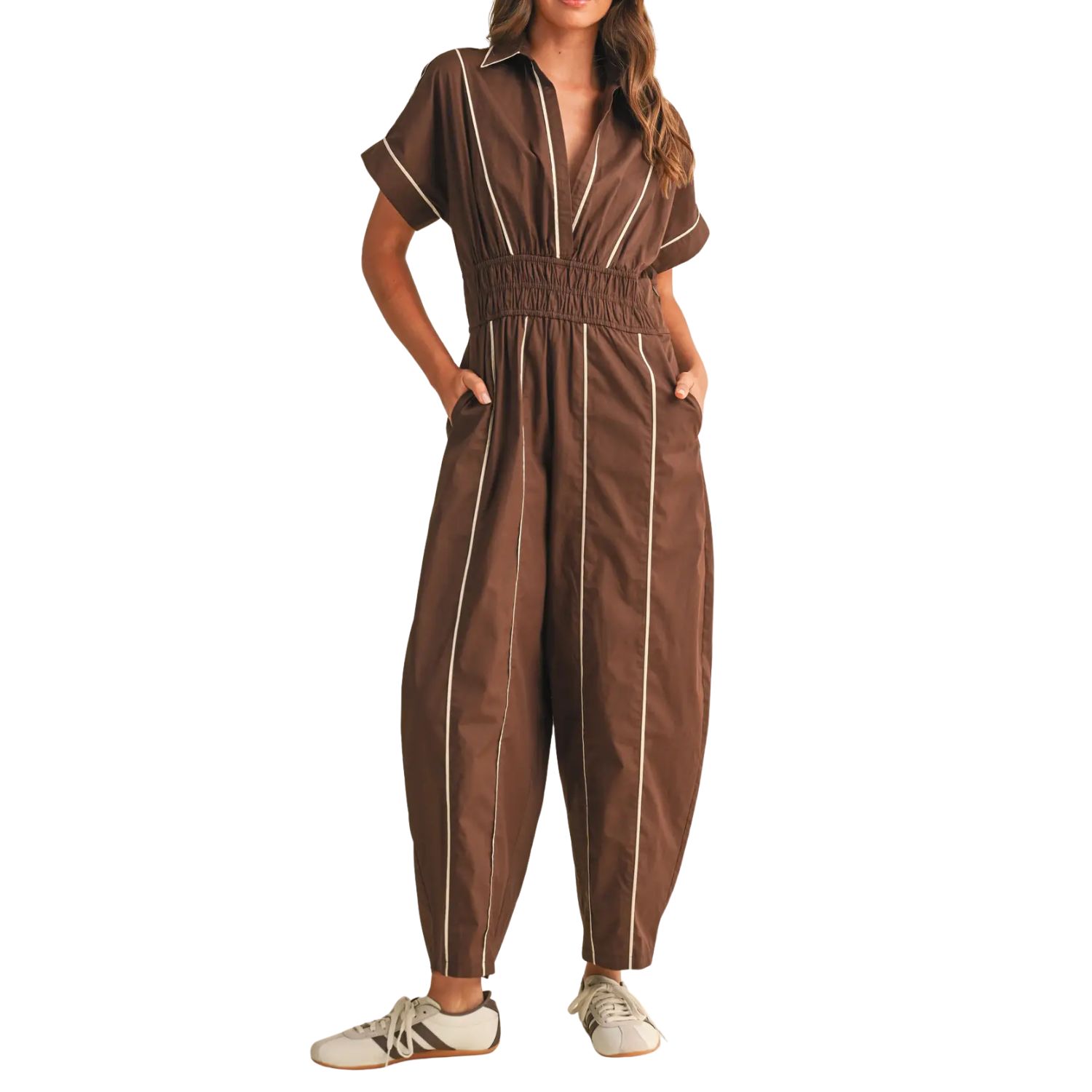 Short Sleeve Shirt Smocked Waist Barrel Jumpsuit