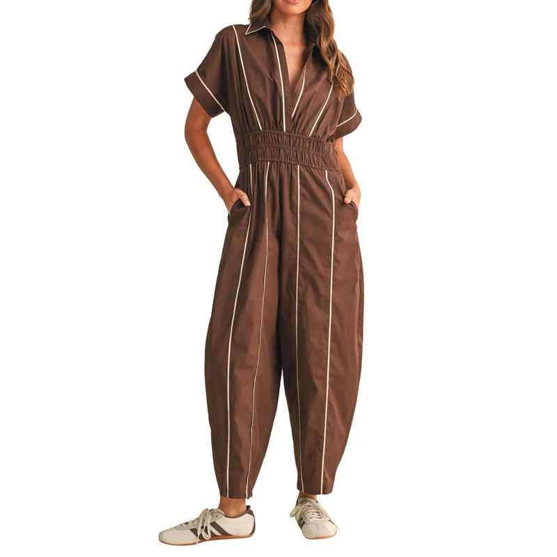 Short Sleeve Shirt Smocked Waist Barrel Jumpsuit